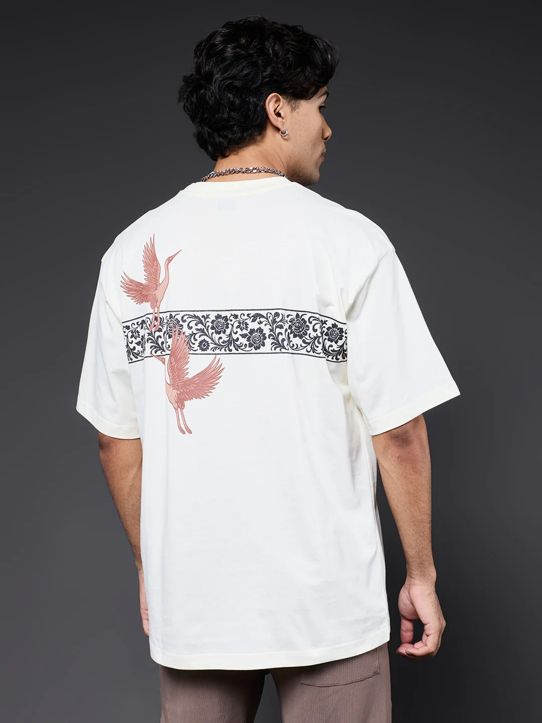 Pronks Men's Off White Minimal Bird Embroidery Oversized Cotton T-Shirt | Premium Solid Half Sleeve Round Neck Streetwear Tee