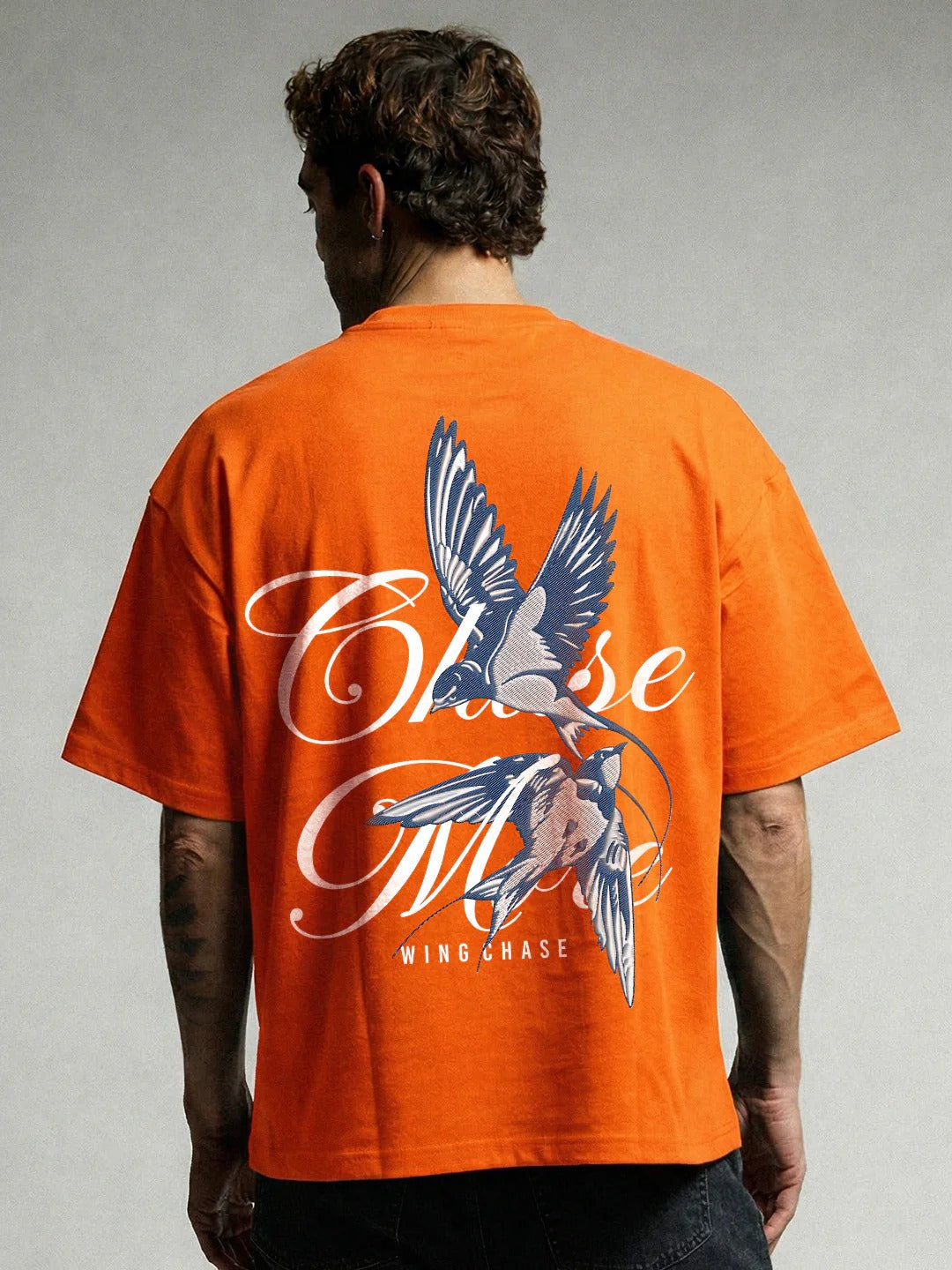 Pronks Men's Orange Wing Chase Oversized Cotton Graphic T-Shirt | Premium Casual Bird Print Half Sleeve Round Neck Streetwear Tee