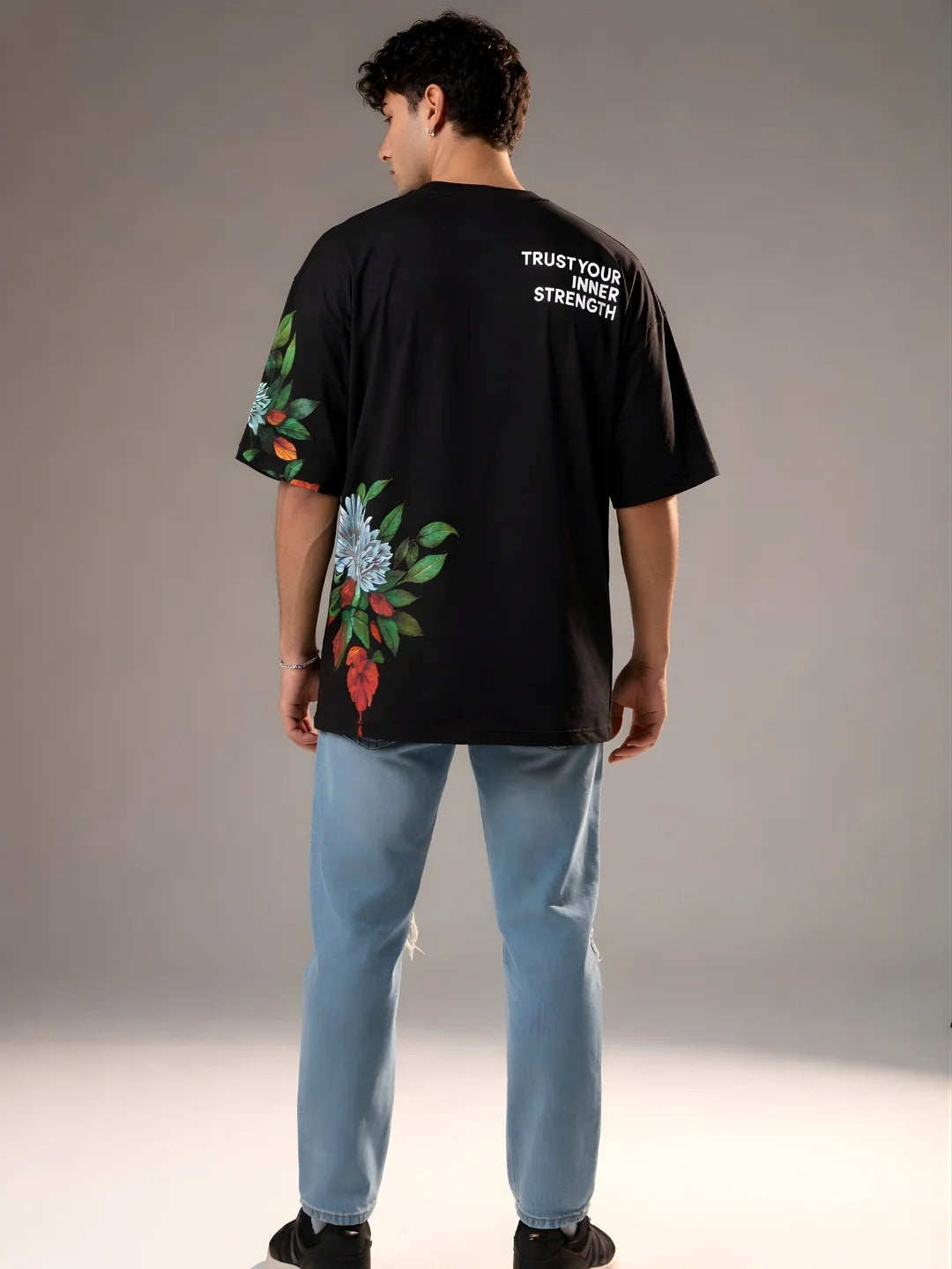 Pronks Men's Black Floral Oversized Cotton T-Shirt | Premium Casual Graphic Printed Half Sleeve Round Neck Streetwear Tee