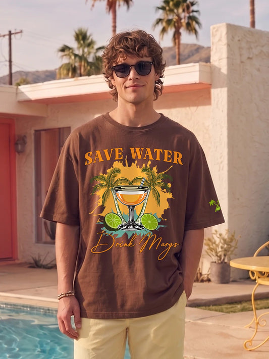 Pronks Men's Coffee Brown "Save Water Drink Margs" Oversized Cotton Graphic T-Shirt | Premium Casual Printed Half Sleeve Round Neck Streetwear Tee