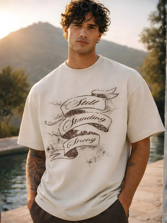 Pronks Men's Off White "Still Standing Strong" Oversized Cotton Graphic T-Shirt | Premium Vintage Printed Half Sleeve Round Neck Streetwear Tee