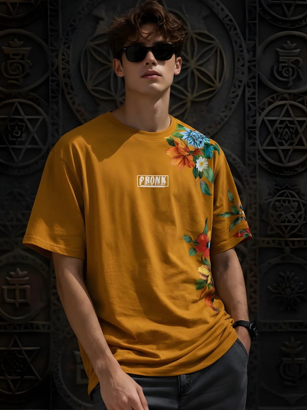 Pronks Men's Mustard Floral Oversized Cotton T-Shirt | Premium Casual Graphic Printed Half Sleeve Round Neck Streetwear Tee