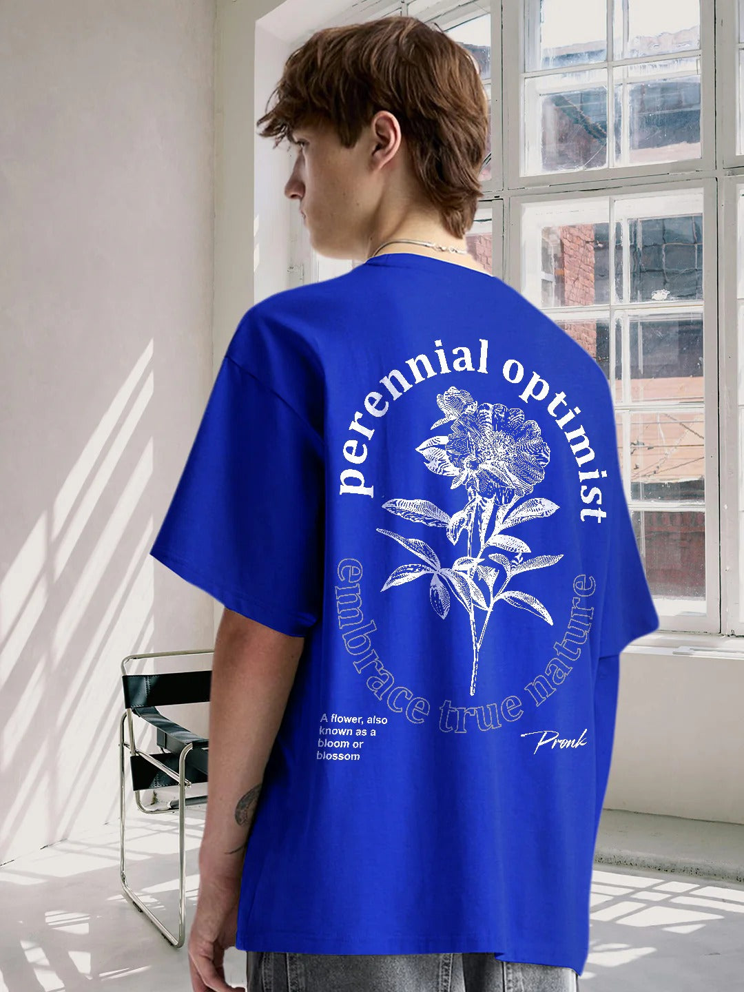 Pronks Men's Royal Blue Perennial Optimist Oversized Cotton Graphic T-Shirt | Premium Minimal Floral Print Half Sleeve Round Neck Streetwear Tee