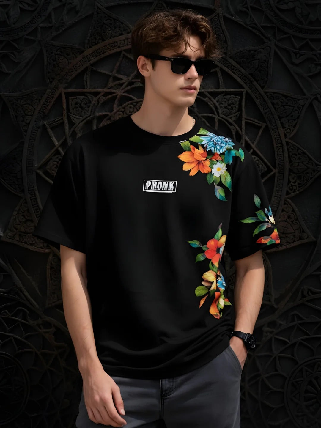 Pronks Men's Black Floral Oversized Cotton T-Shirt | Premium Casual Graphic Printed Half Sleeve Round Neck Streetwear Tee