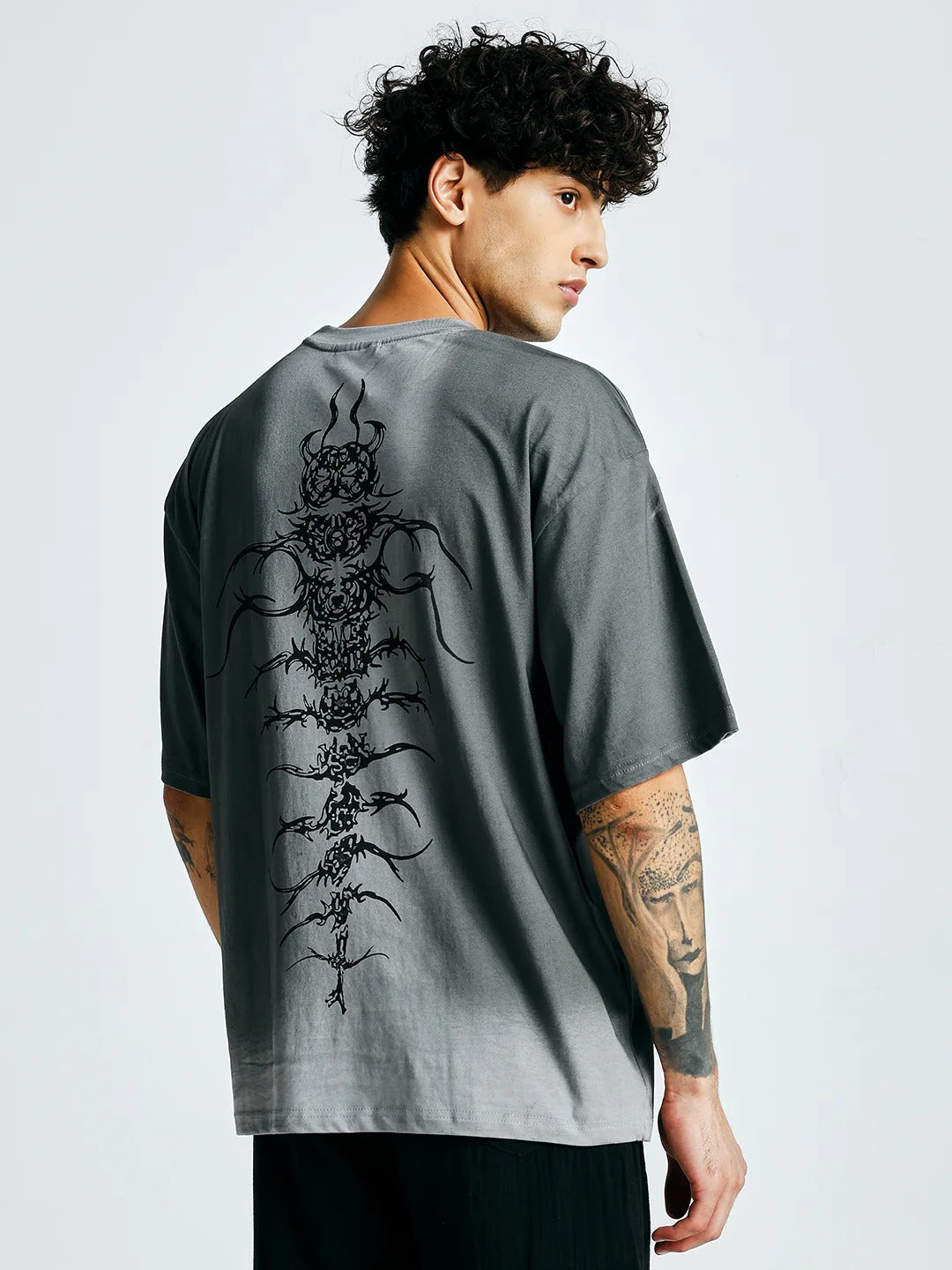 Pronks Men's Ash Grey Brutally Oversized Cotton Graphic T-Shirt | Premium Acid Wash Printed Half Sleeve Round Neck Streetwear Tee