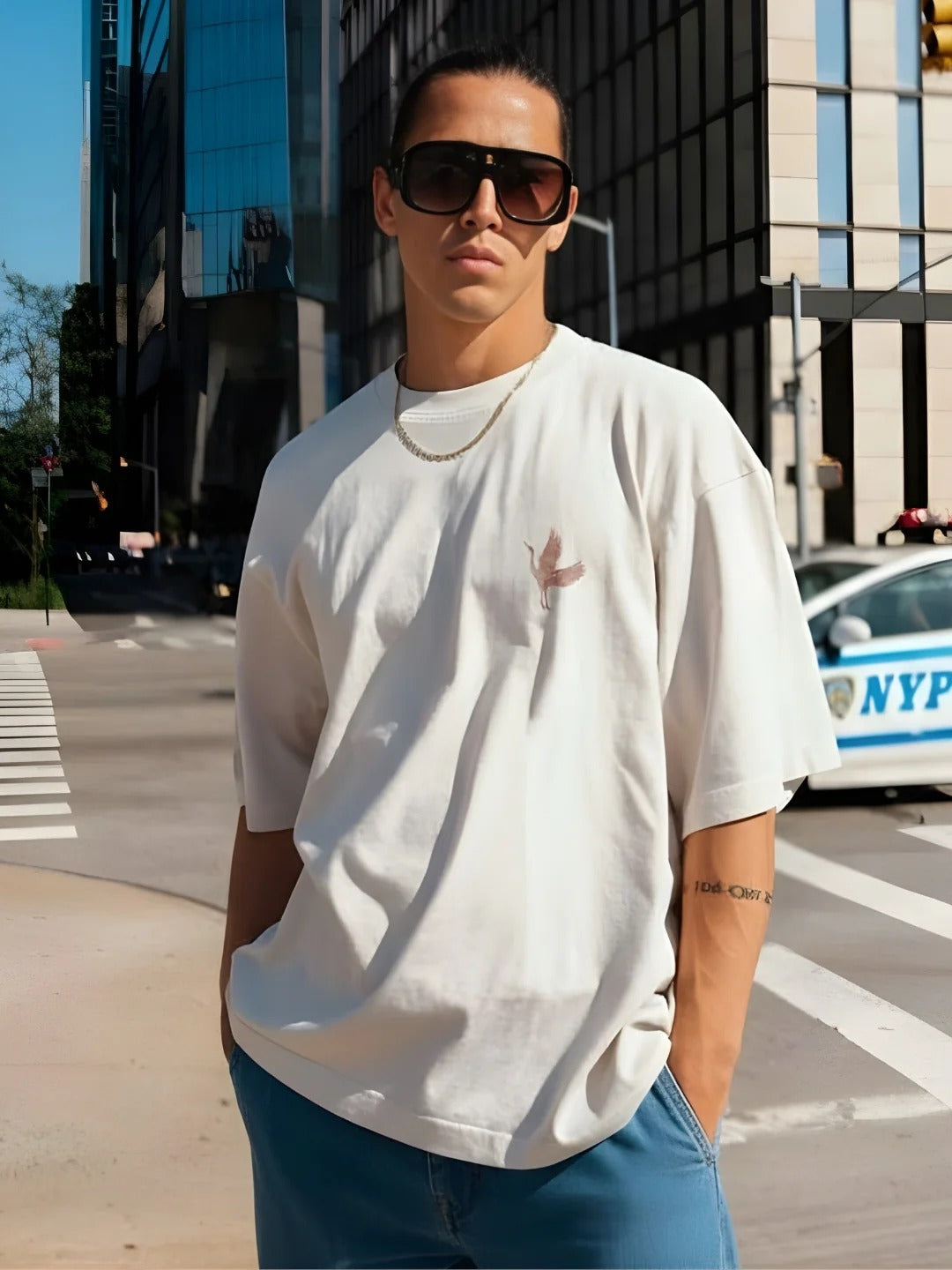 Pronks Men's Off White Minimal Bird Embroidery Oversized Cotton T-Shirt | Premium Solid Half Sleeve Round Neck Streetwear Tee