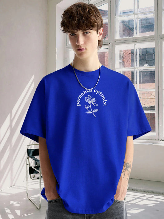 Pronks Men's Royal Blue Perennial Optimist Oversized Cotton Graphic T-Shirt | Premium Minimal Floral Print Half Sleeve Round Neck Streetwear Tee
