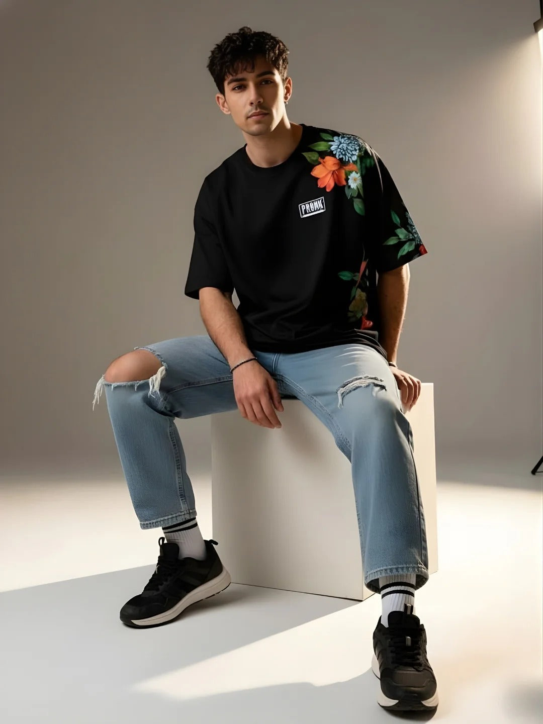 Pronks Men's Black Floral Oversized Cotton T-Shirt | Premium Casual Graphic Printed Half Sleeve Round Neck Streetwear Tee