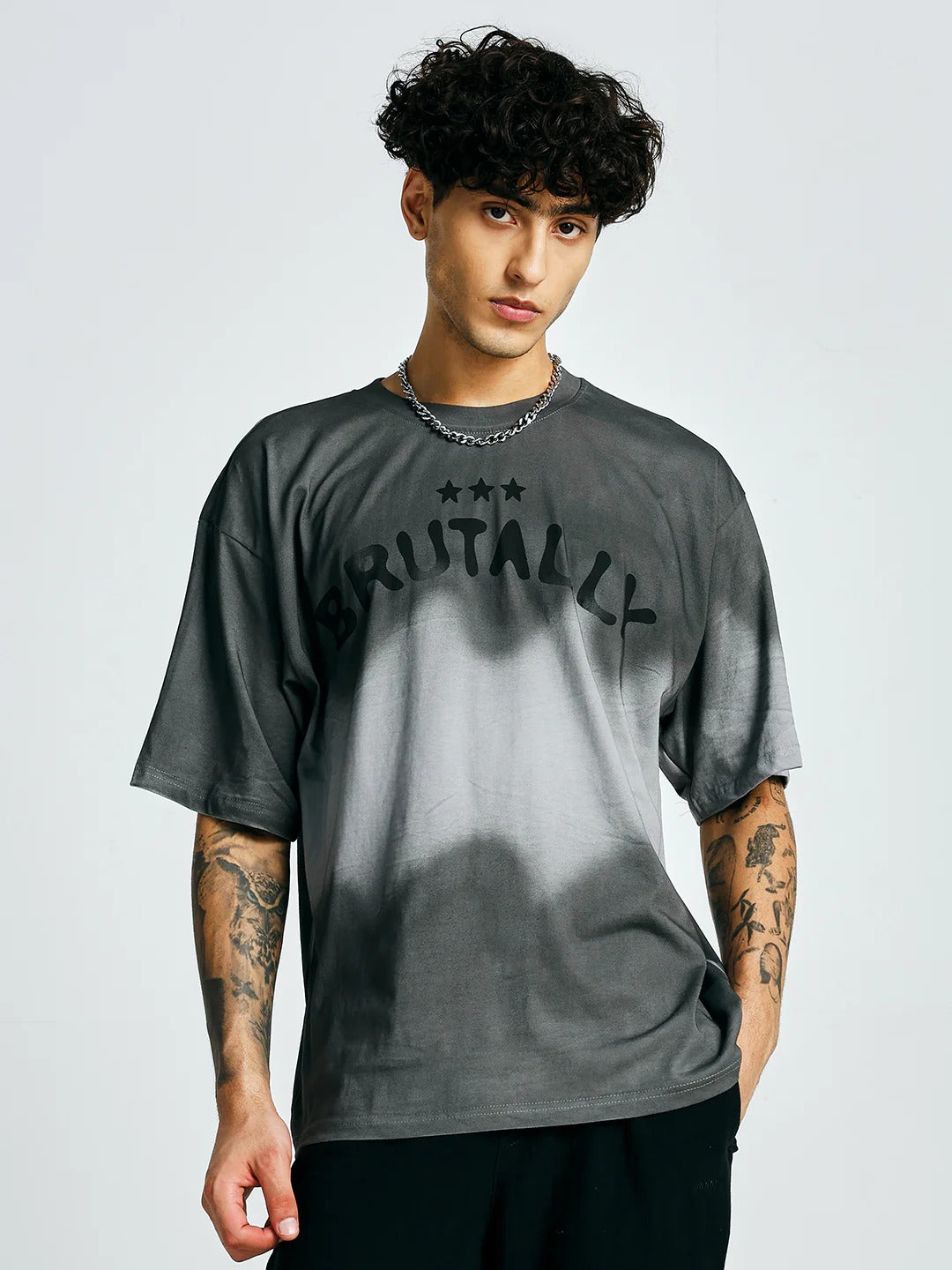 Pronks Men's Ash Grey Brutally Oversized Cotton Graphic T-Shirt | Premium Acid Wash Printed Half Sleeve Round Neck Streetwear Tee