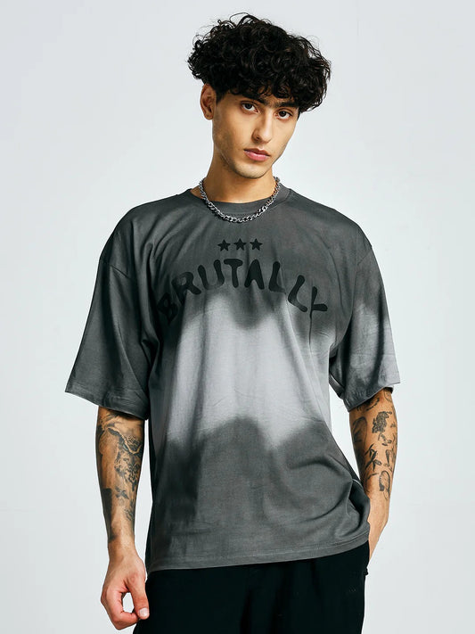 Pronks Men's Ash Grey Brutally Oversized Cotton Graphic T-Shirt | Premium Acid Wash Printed Half Sleeve Round Neck Streetwear Tee